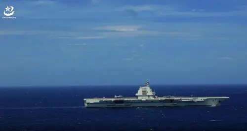 A PLA Navy J-15 fighter jet lands on the Fujian’s deck. (China Military Online Video)