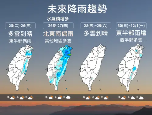▲氣象署說明，未來一周的雨勢大致分4個階段，周三晚上、周四受到颱風、東北季風影響，是雨下最多的時段。（圖／中央氣象署cwa.gov.tw）