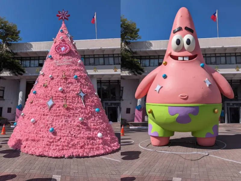 ▲台東縣政府廣場上的粉色聖誕樹，近來引起民眾熱議像是「福壽螺卵」、卡通人物「派大星」。（圖／翻攝自Threads）