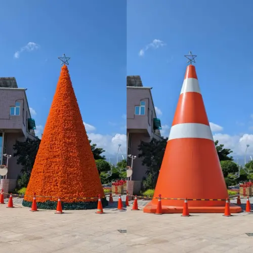 ▲台東縣議會前的橘色聖誕樹，則被笑稱是「三角錐」。（圖／翻攝自Threads）