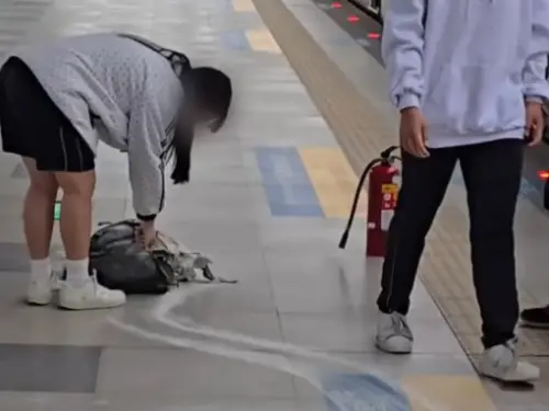 ▲起火的背包也被拖到月台上，狂噴滅火器滅火。（圖／Threads @tw.tra.train.flight.pig授權）