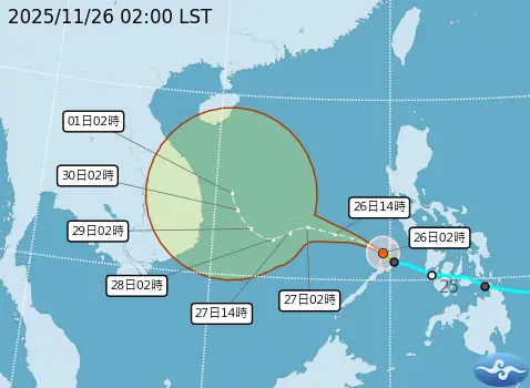 ▲未來將繼續往西前往越南東方海面後，逐漸往北偏轉，同時強度減弱。（圖／中央氣象署cwa.gov.tw）