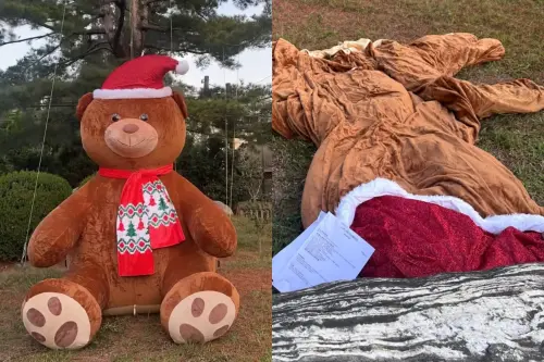 ▲民眾透過影片分享充氣過程，只見充氣熊原本攤放在空曠的室外，後來藉由充氣慢慢成型。（圖／Costco好市多 商品經驗老實說）