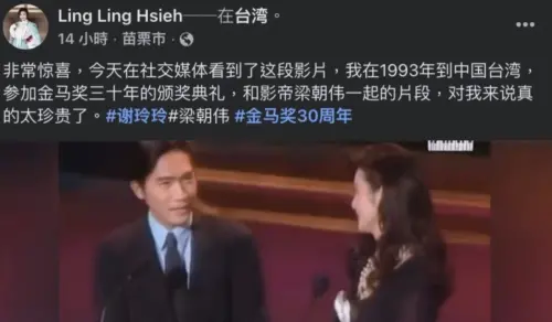 ▲謝玲玲在社群回憶1993年和梁朝偉一起參加金馬獎片段。（圖／@Ling Ling Hsieh 臉書）