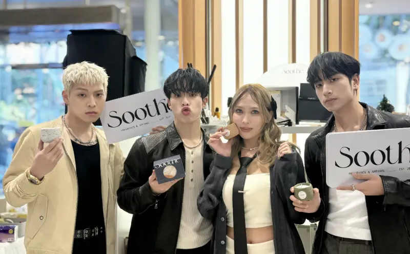 ▲混聲團體B CRUSH（左起，洪暐、宰宰、蝶香、彥）近期出席一日店長活動，被問到誰是最雷隊友，團員一致將票投給彥，本人也笑喊自首：「謝謝包容！」（圖／Soothe時氛  提供）