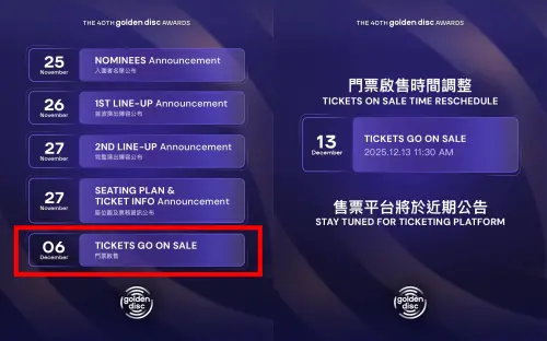 ▲金唱片門票原定12月6日開賣（左），現在確定改到12月13日販售，粉絲發現巧妙避開AAA活動日期，安心不少。（圖／FB@SuperDome 超級圓頂）