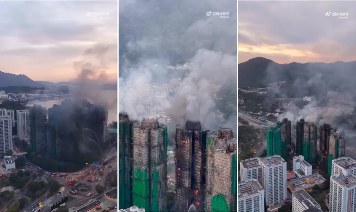 最新空拍曝！飛機上見香港大火「濃煙衝天」燒隔夜仍見火光
