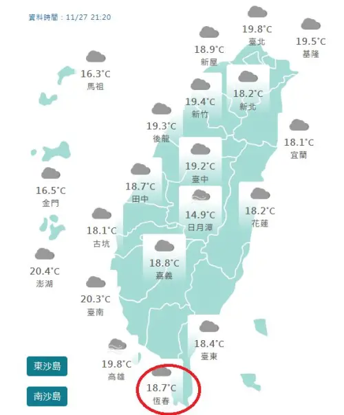 ▲鄭明典今（27）日晚間發文，引述氣象署的天氣圖資，他發現恆春在晚間溫度降到18.7度，甚至比台北的19.8度還低。（圖／鄭明典臉書）