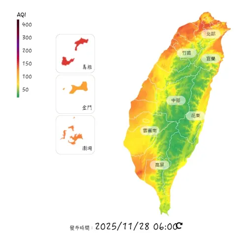 ▲環境部空品監測，今天空品區品質不佳，境外污染物影響，西半部地區幾乎都是橘色一片。（圖/環境部官網moenv.gov.tw）