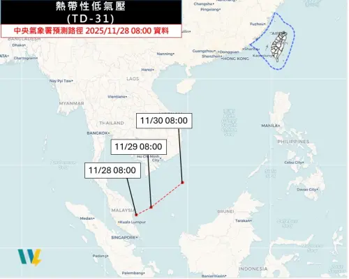 ▲先前在麻六甲海峽活動的熱帶氣旋賽妮亞（Senyar），目前已經穿過馬來半島進入南海，有機會增強為颱風。（圖／天氣職人-吳聖宇臉書）