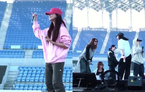 ▲TWICE彩排〈日不落〉時，突然傳出粉絲尖叫聲，子瑜（如左圖）聽到後，馬上告訴成員（如右圖），讓大家都笑翻。（圖／IG@twicetagram）