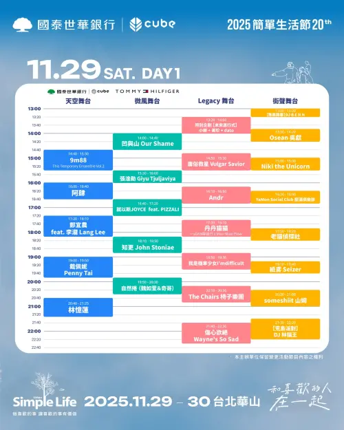 ▲「2025 Simple Life 簡單生活節」第一天卡司與節目表。（圖／簡單生活節臉書www.facebook.com/SimplelifeFestival）