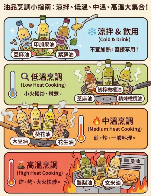 ▲油品烹飪指南，適合高溫、中溫及低溫烹調的油品一次看。（圖／減重醫師 蕭捷健facebook.com/jjshawmd）