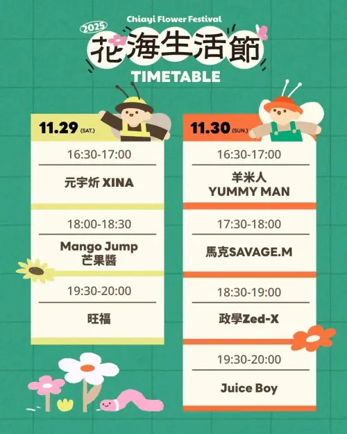 ▲「2025嘉義花海生活節」兩日演出卡司與節目表（圖／取自嘉義花海生活節官網flower2025.foxpro.com.tw/）