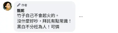 ▲甄妮在臉書留言，砲轟稱竹製鷹架導致起火的網友。（圖／甄妮 臉書）