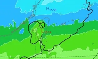 ▲鄭明典指出，綠色系和藍色系交會處代表6度，計算高空和地面氣溫落差後，可以視為冷氣團達標的指標。（圖／鄭明典臉書）