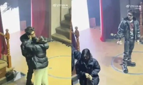 ▲穿黑色羽絨服的女粉絲衝上前抓住馬伯騫後強吻。（圖／微博）