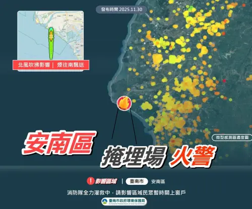 ▲台南市環保局也表示，目前監測風向為北北東風，可能影響空氣品質範圍為安南區，請範圍內的市民多加留意。（圖／台南市環保局）