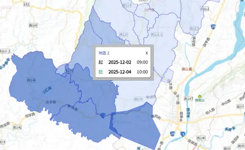 ▲高雄市12月2日停水內門區、旗山區影響範圍。（圖／台灣自來水公司water.gov.tw）