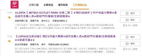 ▲LOPIA台南三井二期店、台北新店舖預計在明年3月中旬開幕，104人力銀行上已釋出職缺。（圖／104人力銀行 104.com.tw）