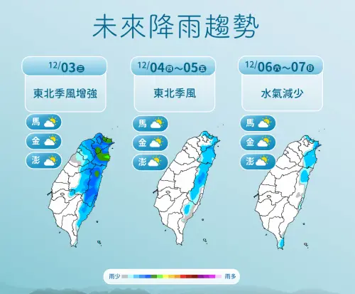 ▲東北季風增強，周三北部、東半部降雨機率增加，中部以北3500公尺以上高山有機會下雪。（圖／中央氣象署cwa.gov.tw）