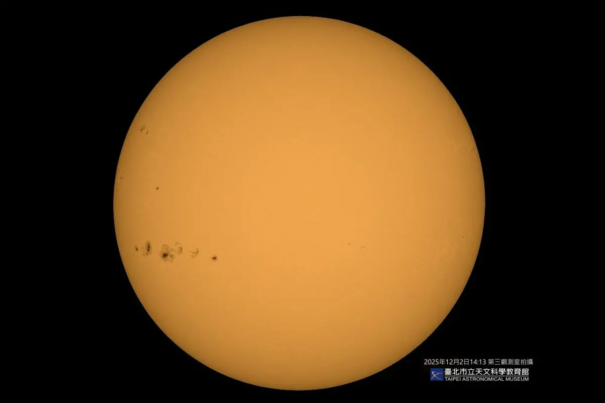 ▲台北天文館昨（2）日捕捉到超巨大的太陽黑子群影像，這個黑子群全長約18萬公里，是近十年來出現最大的黑子群。（圖／台北天文館）