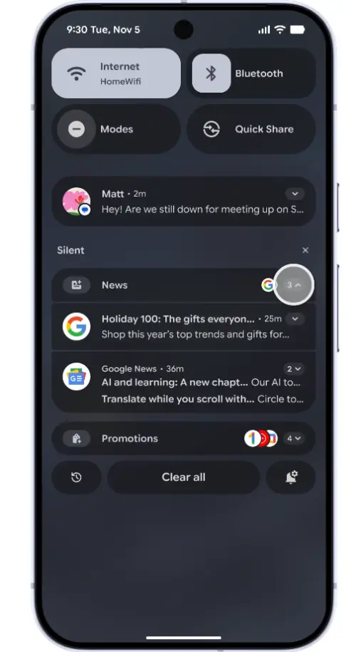 ▲通知整理功能，系統會自動辨識並把次要通知進行分類或靜音。（圖／官方提供）