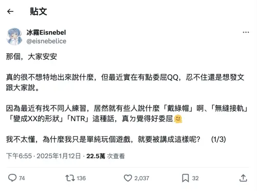 ▲冰霧在今年1月曾X上提及，因玩遊戲遭受委屈。（圖／翻攝自冰霧X@eisnebelice）