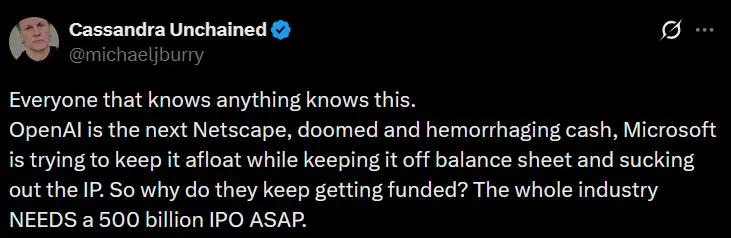 「大賣空」麥可貝瑞：OpenAI註定失敗 將成下一個網景