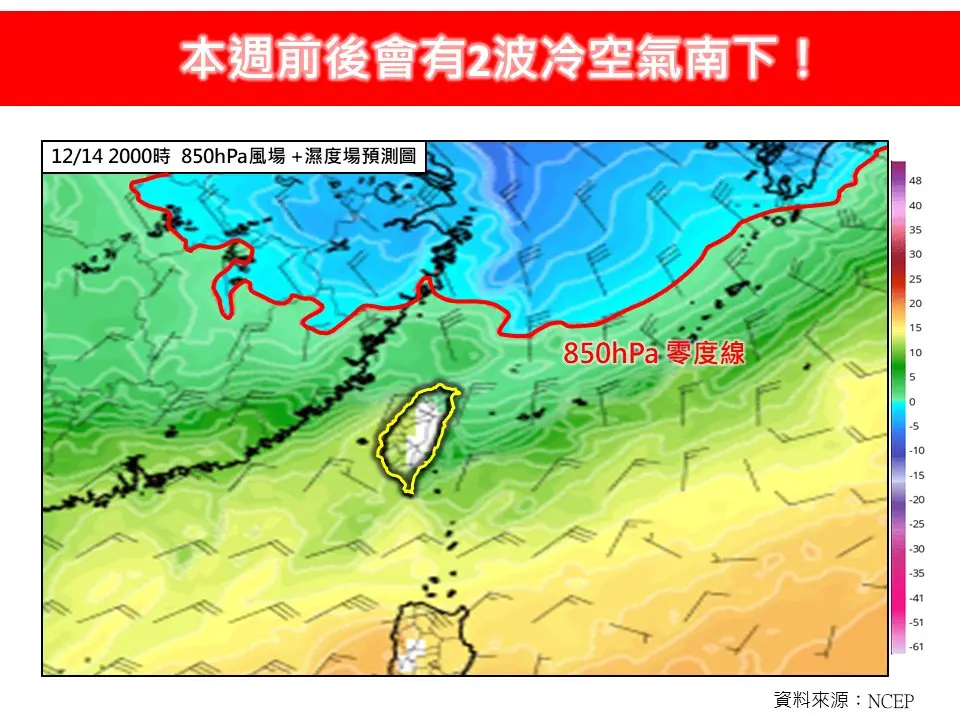 ▲有「0度線」之稱的850hPa等壓線逼近台灣，未來一周將迎接今年入冬首波大陸冷氣團。（圖／林老師氣象站）
