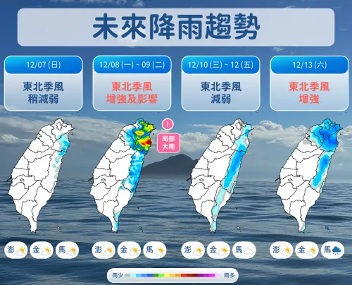 ▲東北季風影響，周一、周二在北台灣、宜蘭降雨明顯，會有較大雨勢，中南部雲量也增多。（圖／中央氣象署cwa.gov.tw）