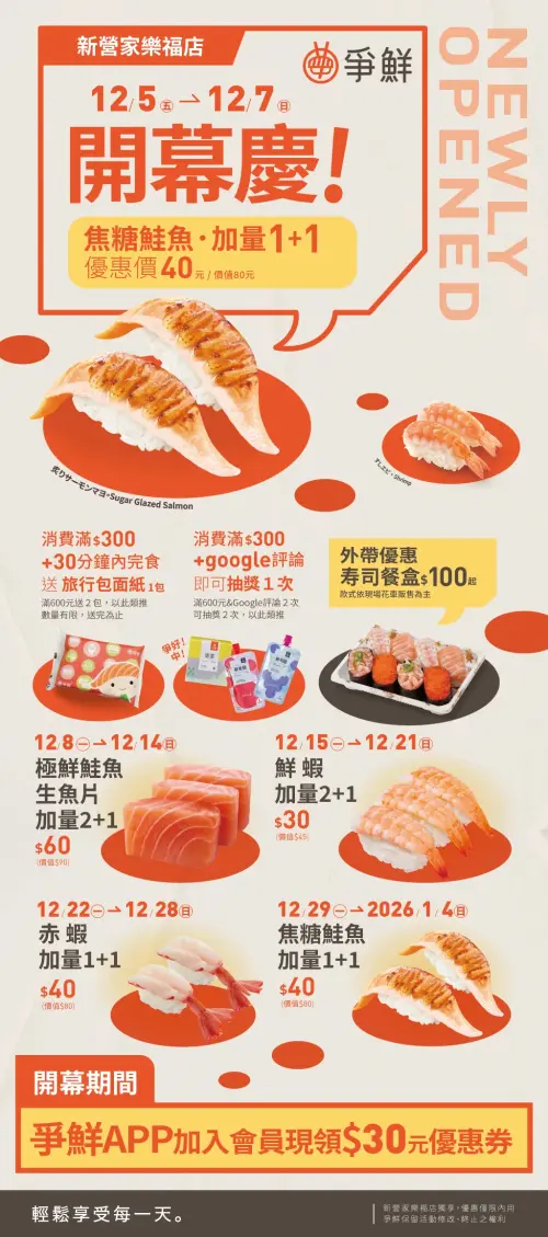 ▲爭鮮迴轉壽司「新營家樂福店開幕優惠」一圖看懂。（圖／爭鮮sushiexpress.com.tw）
