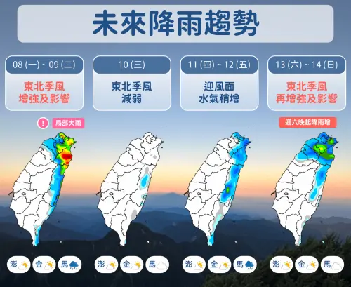 ▲東北季風影響，周一、周二在北台灣、宜蘭降雨明顯，會有較大雨勢，中南部雲量也增多。（圖／中央氣象署cwa.gov.tw）
