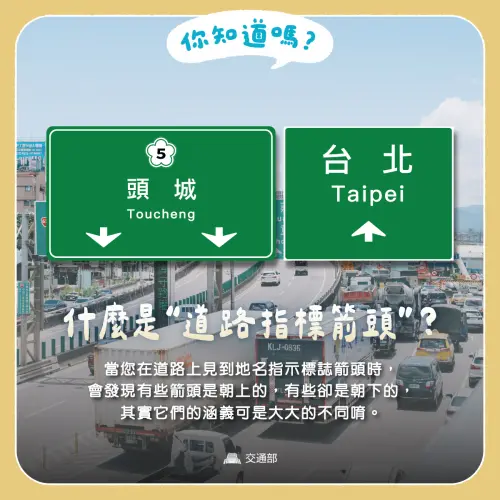 ▲交通部透過圖卡教學，國道的路標上，箭頭朝上、朝下的差別在哪。（圖／交通部臉書）