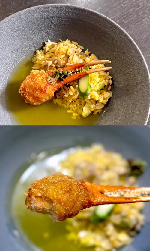 ▲「百花蟹鉗香米飯」蟹肉飽滿，搭配椒麻酸香的醬汁，辛而不辣。（圖／記者蕭涵云攝）