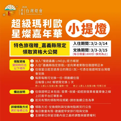 ▲2026台灣燈會的超級瑪利歐星燦嘉年華小提燈領取資格。（圖／嘉義縣政府官網）