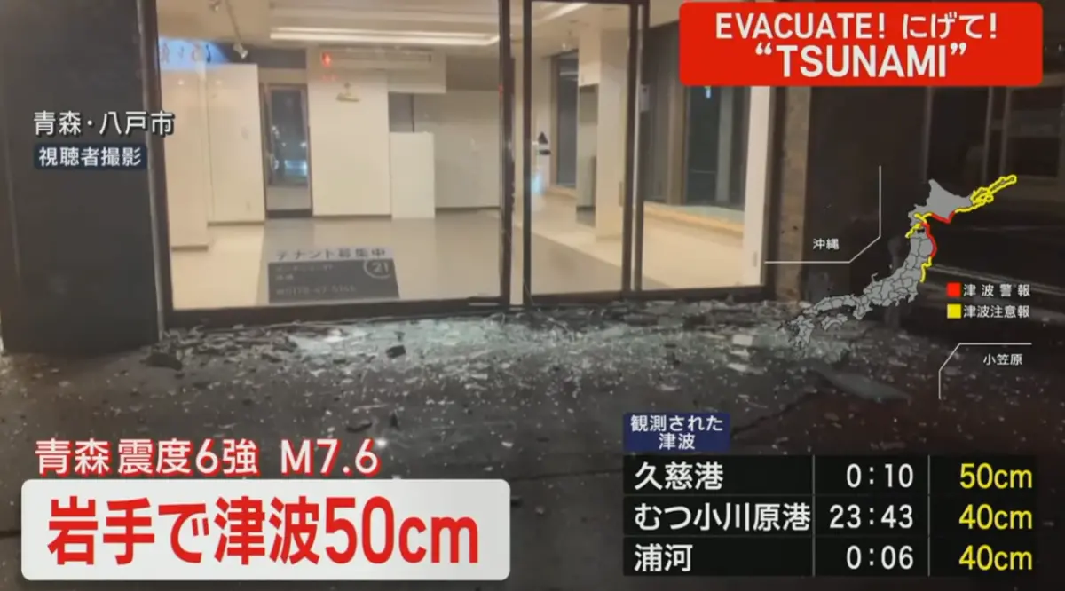日本青森7.6強震！玻璃爆裂、貨物全倒 東北4000戶停電