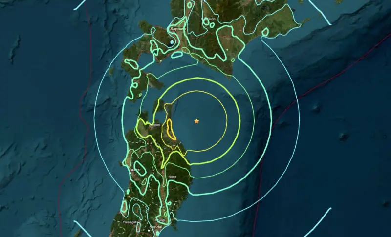 ▲日本青森縣外海昨（8）日深夜發生規模7.5地震，日本氣象廳一度發布海嘯警報。（圖／USGS美國地質調查局）