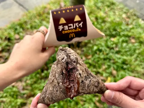 ▲麥當勞「巧克力三角派」看起來不大，但層次很飽滿，內餡好濃郁。（圖／記者蕭涵云攝）