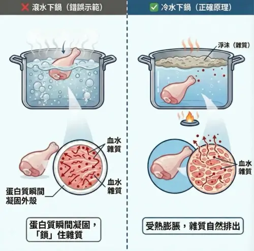 ▲「梁雞商行」老闆小梁提醒，不管是雞腿、雞翅、全雞切塊，「汆燙都建議冷水開始」這個動作，會讓你的雞湯整個升級。（圖／Youtube＠梁雞商行）