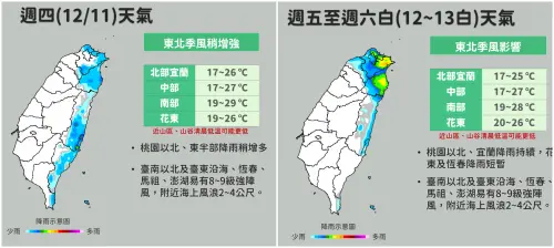 ▲氣象署指出，周四、周五東北季風增強，氣溫下滑不明顯，但水氣增多，北部、東半部有降雨。（圖／中央氣象署cwa.gov.tw）