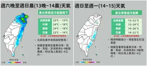 ▲氣象署提醒，周末迎接新一波強冷空氣，威力有機會達到大陸冷氣團等級，各地早晚非常寒冷，甚至可能出現10度低溫。（圖／中央氣象署cwa.gov.tw）