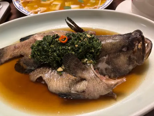 ▲龍虎斑魚是用雪菜與百年豆豉蒸煮，絕對原型且鮮美，沒有多餘的加工及佐料。（圖／記者金武鳳攝，2025.12.9)