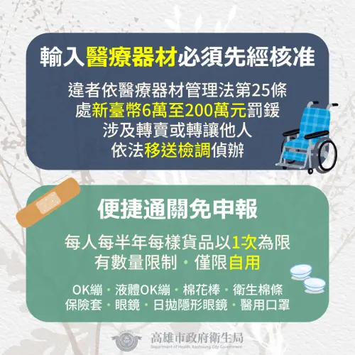 ▲高雄市衛生局提醒，輸入醫療器材需先核准。（圖／高市衛生局）