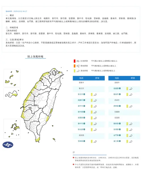 ▲中央氣象署今日發布陸上強風特報，表示東北風增強，11日晨至12日晚上新北市、桃園市、新竹市、新竹縣、苗栗縣、臺中市、彰化縣、雲林縣、嘉義縣、臺南市、屏東縣、臺東縣(含蘭嶼、綠島)、澎湖縣、金門縣、連江縣局部地區有平均風6級以上或陣風8級以上發生的機率（黃色燈號）。（圖／中央氣象署cwa.gov.tw）