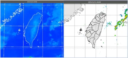 ▲今(11日)晨4時紅外線雲圖顯示，台灣陸地大致晴朗(左圖)。4時雷達回波合成圖顯示，東部外海有降水回波(右圖)。（圖／氣象應用推廣基金會．洩天機教室）