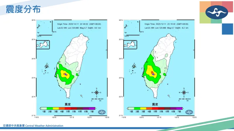 ▲昨（11）日高雄甲仙區接連發生4起地震，其中搖晃感明顯的分別為深夜10點49分、11點19分。（圖／氣象署cwa.gov.tw）