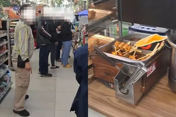 ▲台中一名王姓男子因不滿關東煮口味太辣、退貨遭拒，竟直接將手中的食物倒回鍋內。（圖／翻攝畫面）