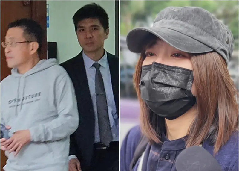 ▲誠泰文教基金會董事長林致光（左圖左）的委任律師丁育仁（左圖西裝男子）詰問時，質疑林穎孟（右圖）與林致光衝突4小時為何手機只錄6分鐘，林穎孟對丁昱仁哭吼「你是不是沒被家暴過」？（圖／記者劉松霖攝）