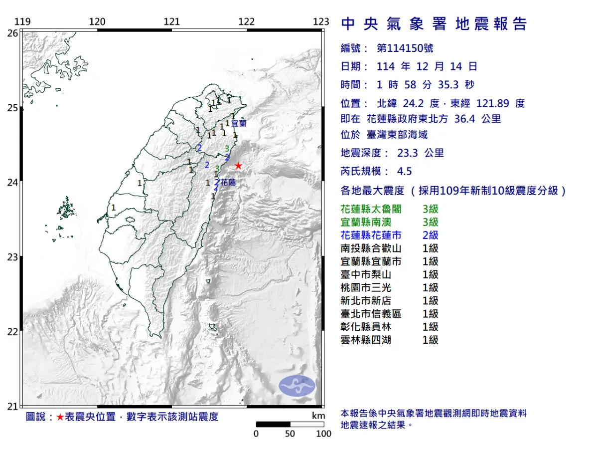 地震速報／01:58花蓮外海規模4.5地震 太魯閣、宜蘭南澳震度3級